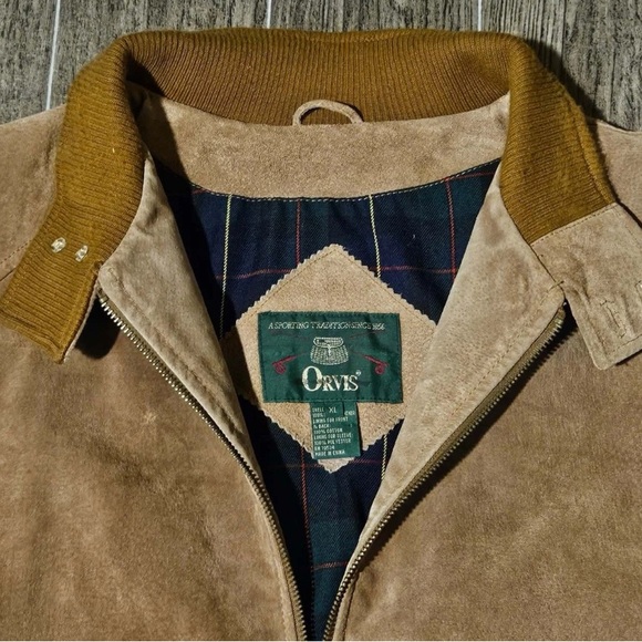 Orvis Genuine Leather Bomber Jacket Full Zip Plaid Lined Barn Chore Mens XL - Picture 3 of 9